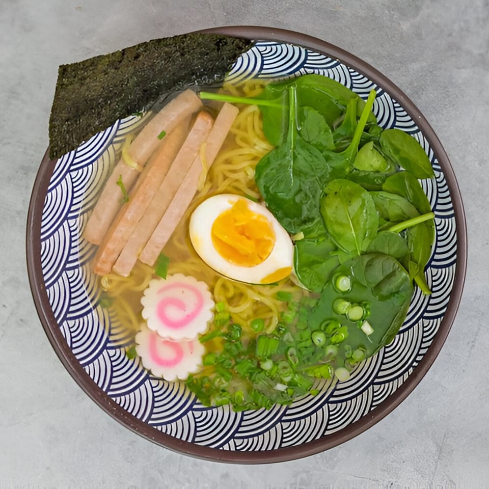 Top-down view of Kailani Shave Ice & Ramen's ramen bowl with spam, egg, spinach, and fish cake.