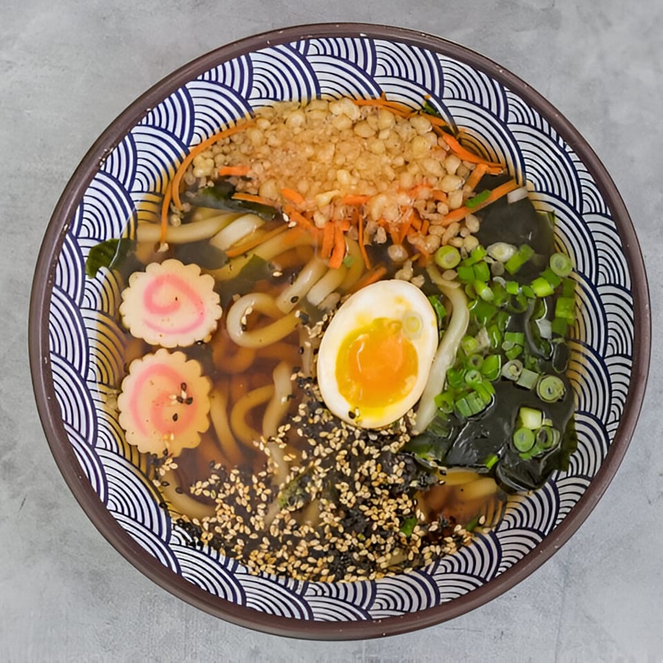 Top-down view of a Kailani Shave Ice & Ramen bowl with udon noodles, egg, fish cake, and seaweed.